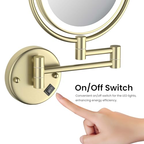 KIBI Circular Wall Mount Makeup Mirror with LED Lights, Dual-Sided 1x/5x Magnifying Mirror with Adjustable Arm, 360° Swivel, Solid Brass Construction for Durability and Style (Brushed Gold, KMM101) - color: Brushed Gold