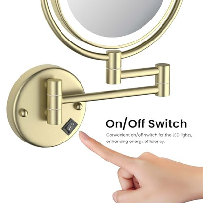 KIBI Circular Wall Mount Makeup Mirror with LED Lights, Dual-Sided 1x/5x Magnifying Mirror with Adjustable Arm, 360° Swivel, Solid Brass Construction for Durability and Style (Brushed Gold, KMM101) - color: Brushed Gold