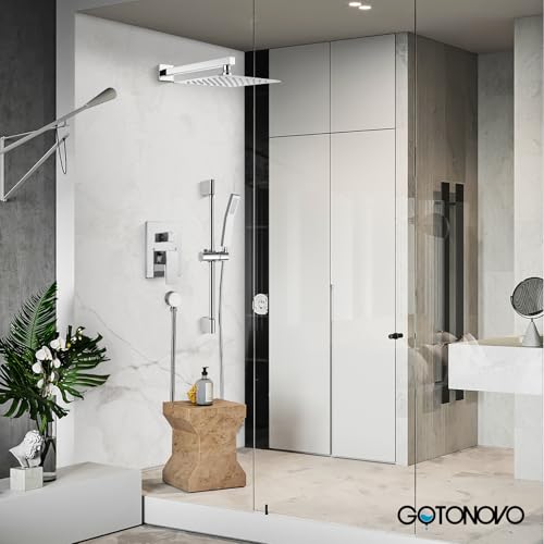 gotonovo 12 Inch Bathroom Shower Faucet Set with Slide Bar Polished Chrome | SUS304 Rainfall Shower Head with Handheld Sprayer Combo,Rough-in Valve Trim Kit Complete,Adjustable Handheld Height,All Metal - color: Chrome