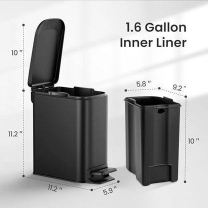 Cesun Small Bathroom Trash Can with Lid, 1.6 Gal, Soft Close, Matte Black | Step pedal soft close, Slim 5.9in fits narrow spaces, Stainless steel, Anti-fingerprint, Removable inner bucket, Odor seal - color: Matte Black