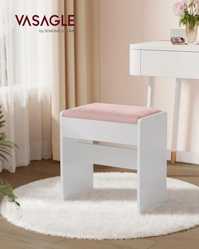 VASAGLE KAILYN Collection - Velvet Vanity Stool, Upholstered Makeup Stool, Modern Footrest with Anti-Slip Pads, for Makeup Room, Bedroom, Entryway, Matte White and Jelly Pink URDS001W01S - style: 17.7"W Vanity Stool-Matte White + Jelly Pink