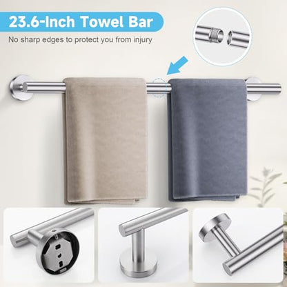 Brushed Nickel Towel Bar Set, 5-Piece Bathroom Hardware Accessories Set with Smiley Face Towel Rings, Stainless Steel Wall-Mounted Towel Holder Set for Bathroom,23.6 Inch - color: Brushed Nickel