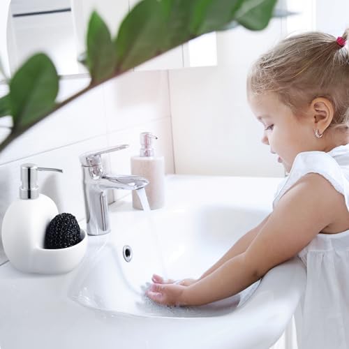 RQYIXI Round Ceramic Dish Soap Dispenser with Sponge Holder, White, 15 Oz | caddy kitchen sink organizer mesh scrubber refillable pump countertop lotion bathroom vanity - color: Round White