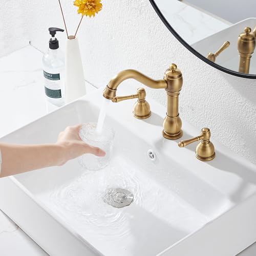 2 Handles 3 Holes Faucet Widespread Bathroom Sink Faucet Basin Tap Mixer Supply Hose Included Matching Pop Up Drain Antique Brass - color: Antique Brass, size: Widespread