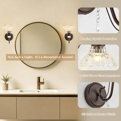 1 Piece Oil Rubbed Bronze Finish Wall Sconce, 1-Light Modern Wall Sconce with Hanging Crystal Accents and Flower-Shaped Clear Shades for Bathroom Bedroom Living Room,Modern Vanity Light - color: Oil-Rubbed Bronze, size: 1-Light