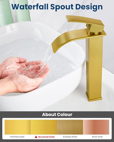 Airuida Vessel Sink Faucet, Brushed Gold Tall Waterfall Bathroom Faucet | Single Handle,Tall Bathroom Faucet 1 Hole,Vanity Faucet,without Drain,Bowl Bathroom Faucet - color: Brushed Gold