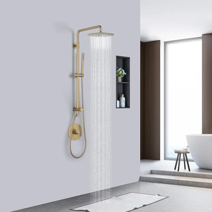 KIBI Wall-Mounted Rain Shower Column, Brass Valve, Brushed Brass, KSC403 | 10-inch Wide-Coverage Head, Single-Spray Handheld, Height-Adjustable Slide Bar, Pressure-Balanced, Leak-Free Rough-in Install - color: Brushed Brass
