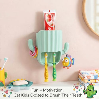 Kids Toothbrush Holder Wall Mount, Cute Cactus (Light Green) | Bathroom Organizer, PP Cactus Holder, Toothbrush Toothpaste Hair Tie Accessories,Multi-Function Organizer - color: Green