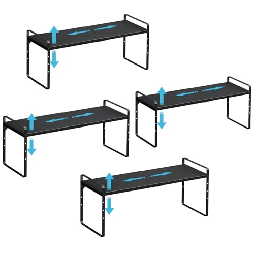 15.5 to 25.5 Inch Kitchen Cabinet Shelf Organizers, Adjustable Kitchen Counter Shelf Organizer, Set of 4 Expandable Countertop Storage Shelves, Stackable Design, 30LBS Heavy Duty, Space Saver - color: Black, size: 4 Pack:15.5"-25.5"Long