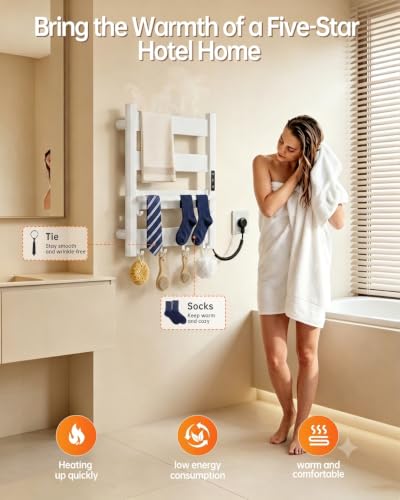 Wall Mounted Heated Towel Rack, 6-Bar Towel Warmer for Bathroom | PTC Fast Heating Up to 170°F in 6 Minutes, Adjustable Temperature 110–170°F, 2–12H Timer, Space Aluminum, Matte White - color: White, size: 6-Bars