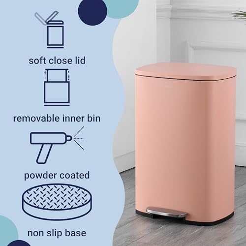 happimess Connor 2-Piece Iron Trash Can, Flamingo Pink | 13.2 And 1.3 Gallons, Rectangular, Soft-Close Lid, Step Pedal, 20 Liners, 26" And 12" Height - color: Flamingo Pink