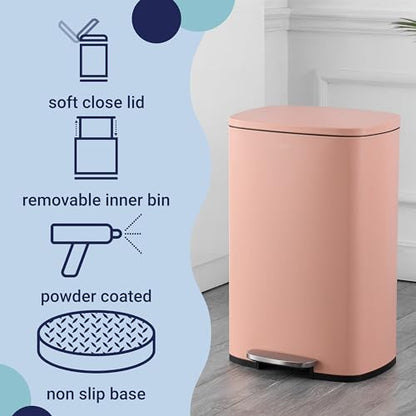 happimess Connor 2-Piece Iron Trash Can, Flamingo Pink | 13.2 And 1.3 Gallons, Rectangular, Soft-Close Lid, Step Pedal, 20 Liners, 26" And 12" Height - color: Flamingo Pink