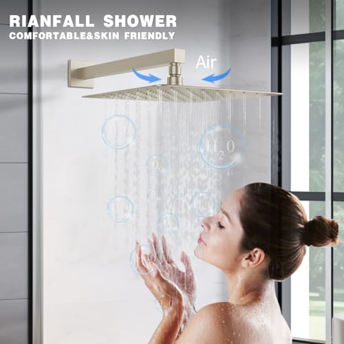 Rainfall Shower System, STARBATH 12 inch Wall Mounted Rain Shower Head with Handheld Spray, Push Button Diverter 2 Functions Simultaneous Use, Shower Faucet Set Rough-In Valve Includ, Brushed Nickel - color: Brushed Nickel, size: 12+12 inch-20