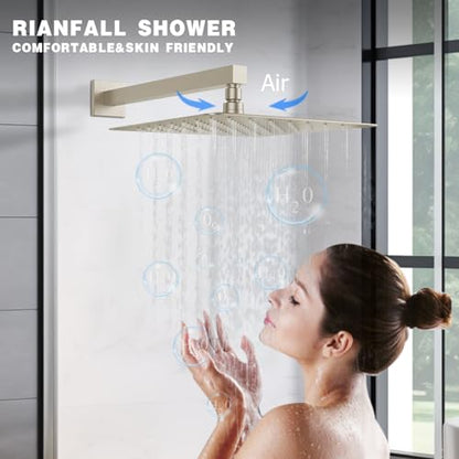Rainfall Shower System, STARBATH 12 inch Wall Mounted Rain Shower Head with Handheld Spray, Push Button Diverter 2 Functions Simultaneous Use, Shower Faucet Set Rough-In Valve Includ, Brushed Nickel - color: Brushed Nickel, size: 12+12 inch-20