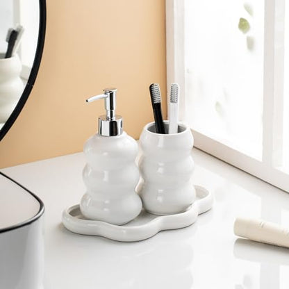 3-Piece White Ceramic Bathroom Accessories Set with Tray, Lotion Dispenser, and Tumbler for a Luxurious Bath Experience - color: White