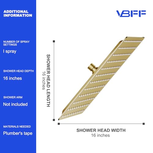 VBFF-Shower Head,rain shower head, 16 inch- Square Shower Head, 1.8 GPM Flow Rate, rainfall showerhead,VBFF10 (Brushed Gold) - color: Brushed Gold, size: 16 Inch