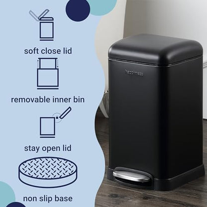 happimess Betty Retro Mini 3.2 Gal Step Trash Can, Charcoal Black | Soft-Close Lid, Fingerprint Proof, Removable Liner, Stainless Steel, Hands-Free Pedal - color: Black