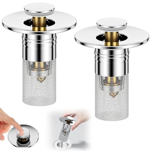 Vodolo 3 in 1 Sink Drain Strainer with Hair Catcher,2PCS Stainless Steel Popup Sink Stopper with Basket for Bathroom Kitchen Shower,Pop-up Bounce Core Floor Basin Drain Filter,Replacement Sink Plug - size: 2PCS