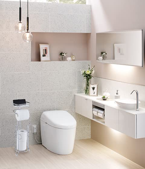 SunnyPoint Bathroom Heavyweight Toilet Tissue Paper Roll Storage Holder Stand with Reserve and Shelve, The Reserve Area Has Enough Space to Store Mega Rolls. (Chrome) - color: Chrome