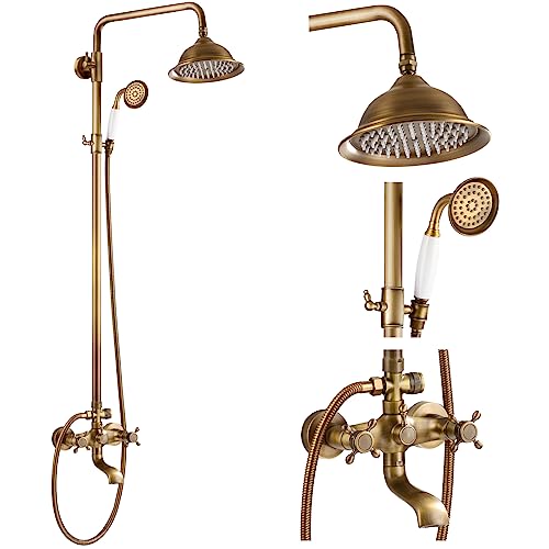 gotonovo Exposed Shower System with Spout,Antique Brass,No Shower Shelf | Brass Shower Faucet Set,8’’ Rain Head with Handheld Spray,Swivel Tub Spout,2 Cross Handle,6’’ Hole Distance,Adjustable Height - color: Antique Gold
