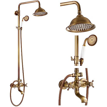 gotonovo Exposed Shower System with Spout,Antique Brass,No Shower Shelf | Brass Shower Faucet Set,8’’ Rain Head with Handheld Spray,Swivel Tub Spout,2 Cross Handle,6’’ Hole Distance,Adjustable Height - color: Antique Gold