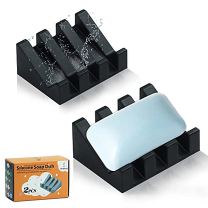 Self Draining Silicone Soap Dish Holder Waterfall Tray, 2 Pack Black | Waterfall design drains fast to keep soap dry, non-slip silicone base anti slide, soap saver for bathroom & kitchen - color: Black, size: 2