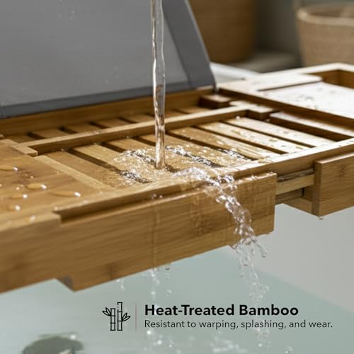 OVENTE Expandable Bamboo Bathtub Tray Caddy, Foldable Bath Tray, BTC20228 | With Book, Tablet, Phone & Wine Glass Holders, Bathroom Accessories & Home Spa Essentials, Easy to Store, Great Gift Idea