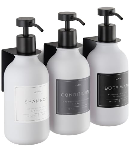 Shower Shampoo Dispenser Wall Mounted – 3 Refillable 16.9 oz White Bottles with Stainless Steel Pumps & No-Drill Adhesive Holders – Soap Dispenser Set for Bathroom (3 X White/Black) - color: 3 X White/Black