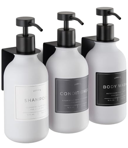 Shower Shampoo Dispenser Wall Mounted – 3 Refillable 16.9 oz White Bottles with Stainless Steel Pumps & No-Drill Adhesive Holders – Soap Dispenser Set for Bathroom (3 X White/Black) - color: 3 X White/Black