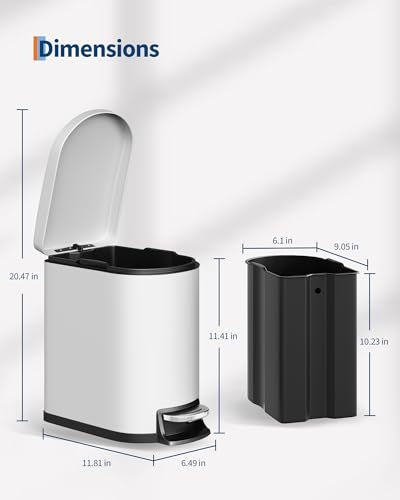 GarveeHome 1.6 Gal Step-On Trash Can, Stainless Steel Small Bathroom Garbage Bin with Soft Close Lid, Slim Space-Saving Design, Removable Inner Bucket for Bathroom, Bedroom, Office, White - color: White, size: 1.6 Gallon