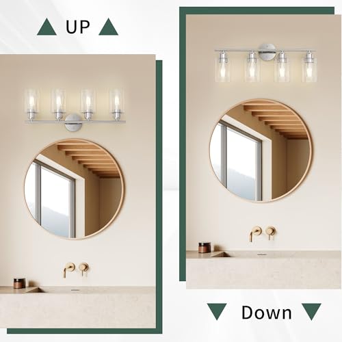 Bathroom Vanity Light Fixtures Brushed Nickel,4 Lights Rustic Farmhouse Vanity Bar Lighting Over Mirror Modern Industrial Wall Sconces Lamp with Cylinder Glass Shade - color: Brushed Nickel, size: 4 Lights