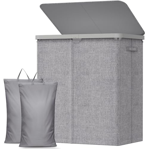Lifewit 145L Large Laundry Basket with Lid, Laundry Hamper with Plastic Handles and Removable Bag, Foldable Tall Dirty Clothes Hampers for Laundry for Laundry Room, Bedroom, Bathroom, Dorm, Light Gray - color: Light Gray, size: 145L