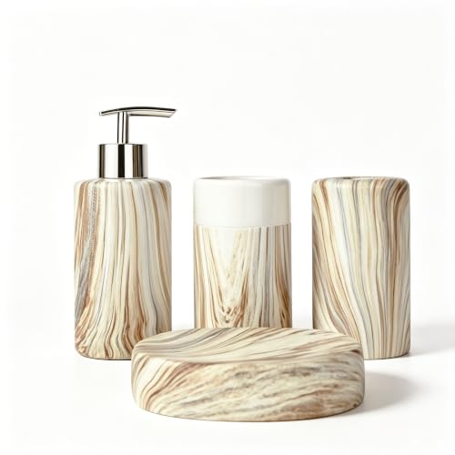 Ceramic Bathroom Accessories Set of 4, Marble Wood Grain Bathroom Vanity Set,Soap Dispenser, Toothbrush Holder, Tumbler & Soap Dish Modern Bathroom Organizer - color: Round Beige