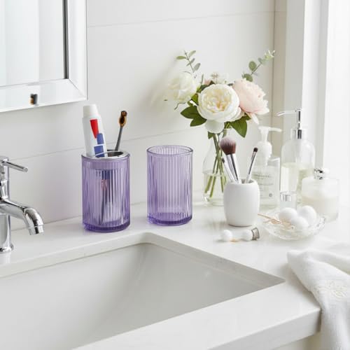 Toothbrush Holders for Bathrooms, 2pcs Purple Glass Toothbrush Holder, Bathroom Toothbrush Cup and Toothpaste Holder with Silver Divider, Tooth Brush and Toothpaste Organizer for Countertop - color: Purple Silver