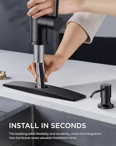 FORIOUS Black Kitchen Faucet, with Soap Dispenser and Pull Down Sprayer | High Arc Single Handle, Lead-Free Stainless Steel, 3 mode Sprayer, Classic Bar Sink Faucet for Outdoor Rv Laundry Camper - color: Matte Black, style: Classic