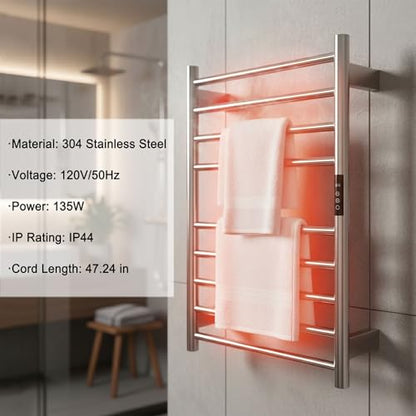 Electric Towel Warmer Rack Wall Mounted, Brushed Stainless Steel | for Bathroom, 9 Bars with Timer and Smart Control, Left or Right Side Plug-in/Hardwired, 304 Stainless Steel Brushed Nickel - color: Brushed Stainless Steel