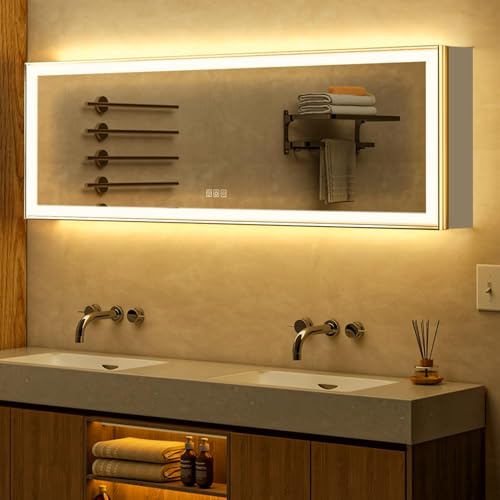 60x20 Lights Medicine Mirror Cabinet, Beveled Brushed Nickel Frame | Lighted Aluminum Cabinet, Flip-up Mirror Door, Surface or Recessed, Dimmable Color Temp, Defog, Outlet, Sensor Inner Light - size: 60x20''