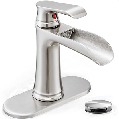 Waterfall Bathroom Faucet, Brass Brushed Nickel Bathroom Faucets, Single Handle Bathroom Sink Faucet, 4 Inch Vanity Faucet 1 Hole or 3 Holes with Drain Deck Plate & Supply Hoses for RV Lavatory - color: Brushed Nickel - Modern