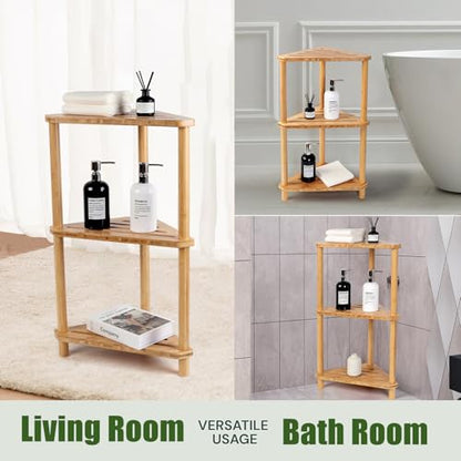 Corner Shelf Shower Caddy Stand 3-Tier,Standing Bathroom Organizer | Bamboo,Large Capacity Shower Storage,Space-Saving,Anti-Slip Feet,Waterproof,Easy to Assemble,Durable,Bath,Living Room,Kitchen - style: GU-QZST003