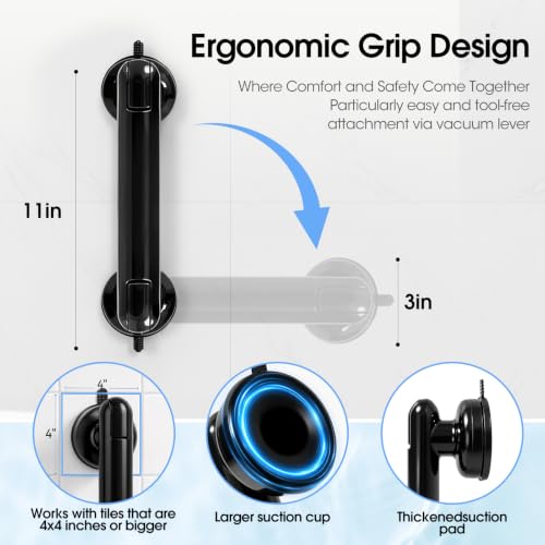1x Grab Bars for Bathtubs and Showers for Seniors Elderly, Waterproof,2nd Generation Upgraded Rubber Suction Cup with Maximum 350 lbs Suction Power, No Drilling (Black)