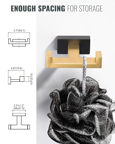 Double Bathroom Towel Hook - Modern Gold & Black Tower Holder - Heavy Duty Robe Hooks for Wall - Stainless Steel Shower Towel Hanger - color: Gold & Black