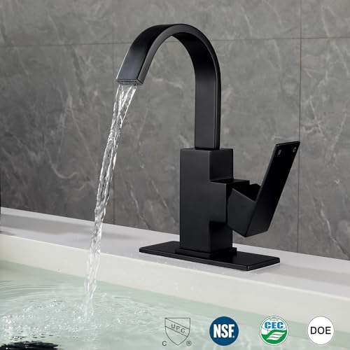 Matte Black Bathroom Faucet Waterfall Faucet Bathroom Vanity with 360 Degree Swivel Spout, Single Hole Bar Sink Faucet with Hose and 6 "Deck Plate,SL5004BK - color: Matte Black, size: Short