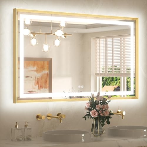 48 x 30 Large Bathroom Mirror Brushed Gold Metal Frame Frontlit & Backlit Vanity Mirror 3 Colors White/Warm/Natural Stepless Dimmable Anti-Fog Bathroom Mirrors for Vanity Wall-Mounted - color: Brushed Gold, size: 30"L x 48"W