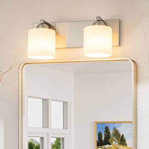 mirrea 2-Light Brushed Nickel Bathroom Vanity Light with White Glass Shades | Over Mirror,Wall Sconce,ETL listed,Bathroom Lighting Fixtures,Elegant Design,Milk White Glass Shade,Easy Installation - color: Brushed Nickel, size: 2-light