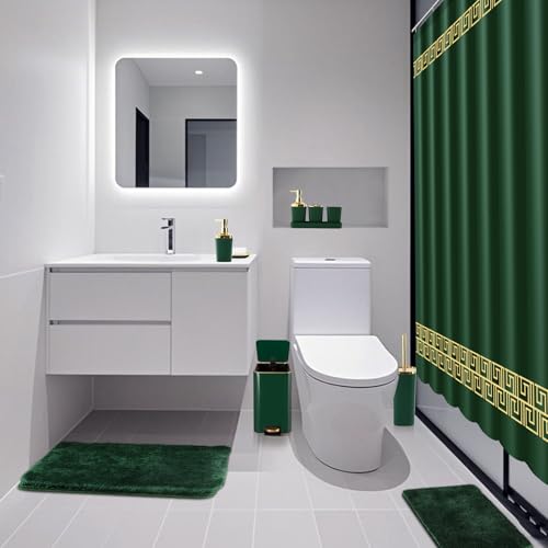 XLHOMO Bathroom Sets with Shower Curtain and Rugs Bathroom Accessories Set Hunter Green Bathroom Set,Soap Dispenser & Toilet Brush Holder Set with Stainless Steel Trash Can - size: Hunter Green, style: Bath Set+Shower Curtain+Bath Rugs