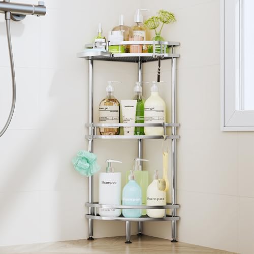 HapiRm Standing Corner Shower Caddy - 3 Tier Shower Organizer Corner with Soap Holder and 4 Hooks, Rustproof Bathroom Storage Shelves with Adhesives, Silver - color: Silver, size: 3-tier