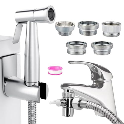 Bidet Stainless Steel Hand Shower, Kitchen Bathroom Pet Bathing Shower Head with 59in Hose and G1/2, 55/64", 15/16" Faucet Adapters, Hair Washing, Dog Shower and More