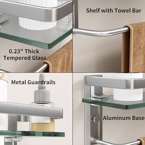 Bathroom Wall Shelf with Towel Bar, Clear Tempered Glass, Hand Towel Holder (Matte Silver) - color: Silver, size: Shelf with Towel Bar