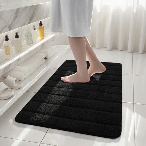Luxury Long Bathroom Rugs Runner 24x48 Inch Bath Rug Non Slip, Black | Thick Soft and Absorbent Microfiber Bath Mat, Rubber Backing Striped Rug Carpets, Machine Washable Plush Mats - color: Black, size: 24" X 48"