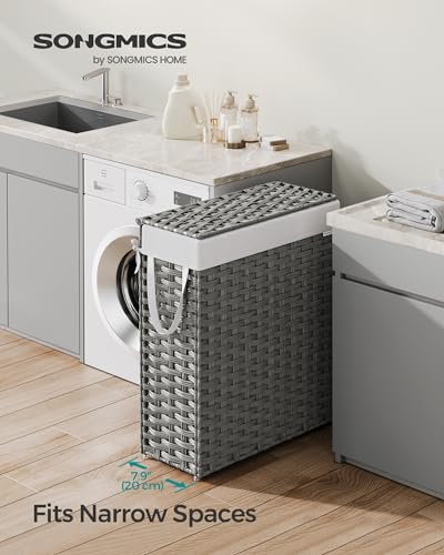 SONGMICS Slim Laundry Hamper with Lid, 14.5 Gallon (55L) Rattan Clothes Laundry Basket with Lid and Handles, Foldable, Removable Liner, Dove Gray ULCB164G01 - color: Dove Gray, size: 55 L